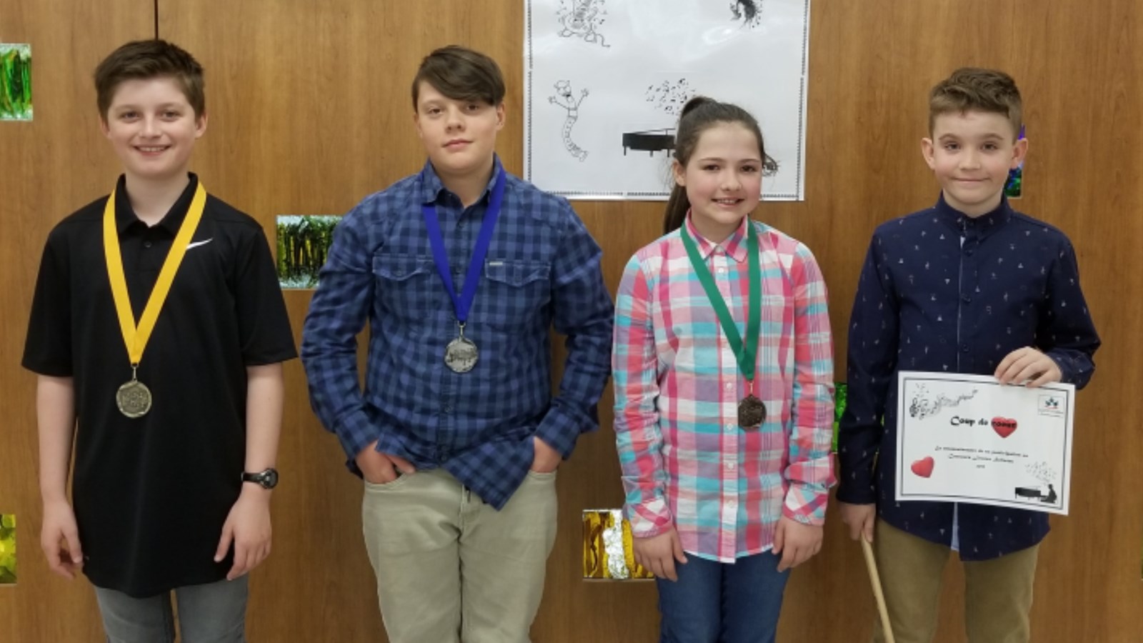 5e année, classe ouverte, instruments : Thomas Mathieu, Deux-Rives (Or), Ulrich Lessard, D’Youville-Lambert (Argent), Karelle Métivier, D’Youville-Lambert (bronze), Zach Vachon, D’Youville-Lambert (Coup de coeur)