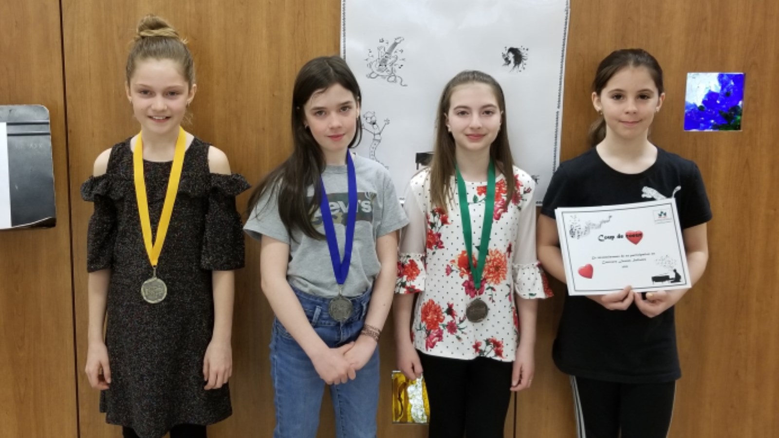 5e année, chant : Marie-Lou Samson, Trait-d’Union (Or), Juliette Poulin, D’Youville-Lambert (Argent), Catherine Rodrigue, Deux-Rives (Bronze), Laurie Drouin, Deux-Rives (Coup de coeur)