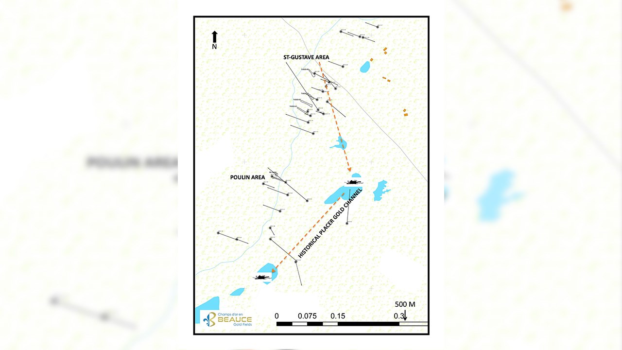 Programme de forage de Champs d'Or en Beauce croise un corridor minéralisé de 1 km parallèle au canal d'or placer