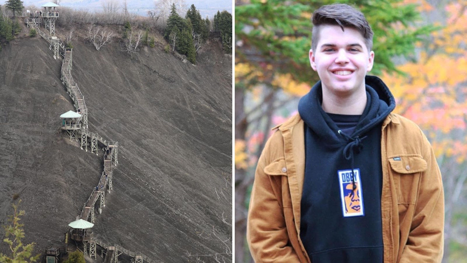 Les escaliers du Parc de la Chute-Montmorency à Québec qui doivent être grimpés 60 fois; à droite, Alexandre Bouffard en 2019.