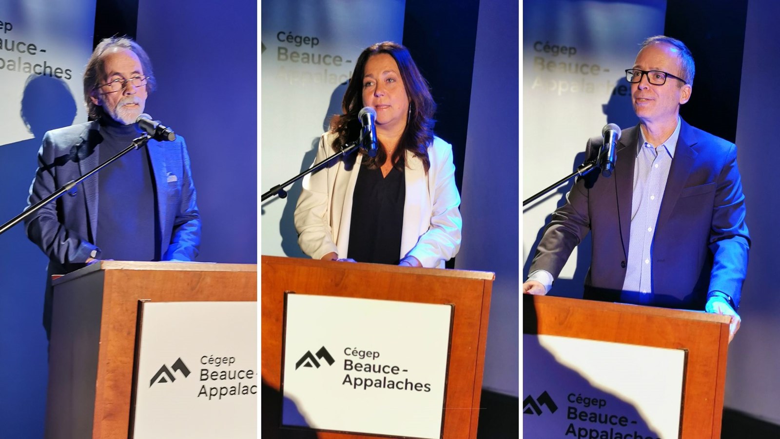 Le président de la Fondation du Cégep Beauce-Appalaches, René Allen, la directrice générale de l'établissement d'enseignement, Caroline Bouchard, et le directeur adjoint des études, Philippe Racette.