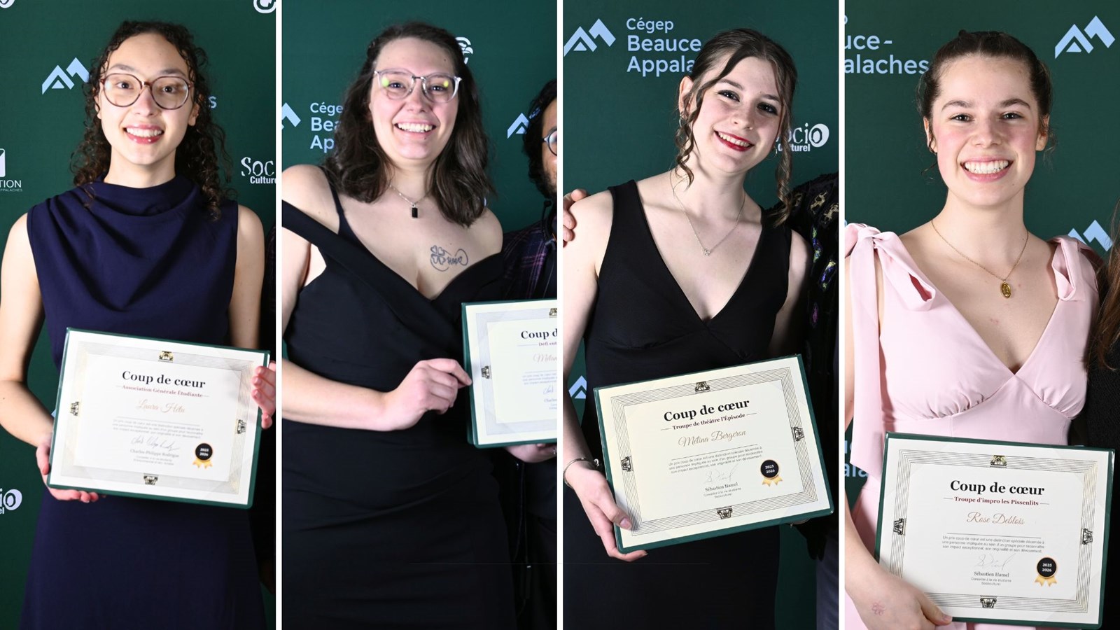Laura Hétu (Association générale étudiante), Mélanie Vachon (Défi entrepreneur), Mélina Bergeron (Théâtre L’Épisode), Rose Deblois (Improvisation Les Pissenlits).