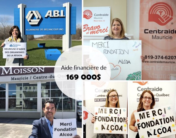 De gauche à droite et de haut en bas : Nicole Coutu, directrice générale de l’Aluminerie de Bécancour; Chantal Ferland, directrice régionale par intérim et conseillère en développement philanthropique Centraide Mauricie; Jean Pellerin, président du conseil d’administration de Moisson Mauricie / Centre-du-Québec; Valéry Bourassa, directrice régionale par intérim Centraide Centre-du-Québec et Isabelle Dionne, présidente directrice générale de Centre-Ouest du Québec.