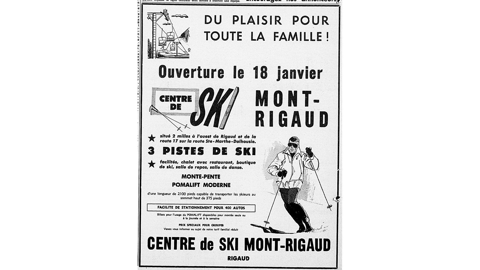 Affiche publicitaire pour l’ouverture du Centre de ski Mont-Rigaud