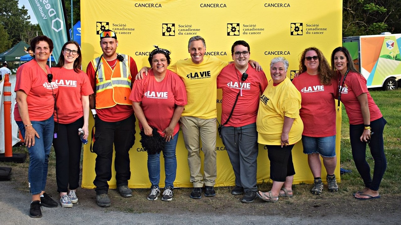 Left to right - Chantal Therrien, Camille Poulin, Kevin Macdonald, Nadine Bissonnette, Peter Schiefke, Hugo Gendreau, Nathalie Gravel, Liette Leduc and Emylie Lapierre at the Relay for Life fundraising event for cancer research at Olympic Park in Pincourt, July 10.