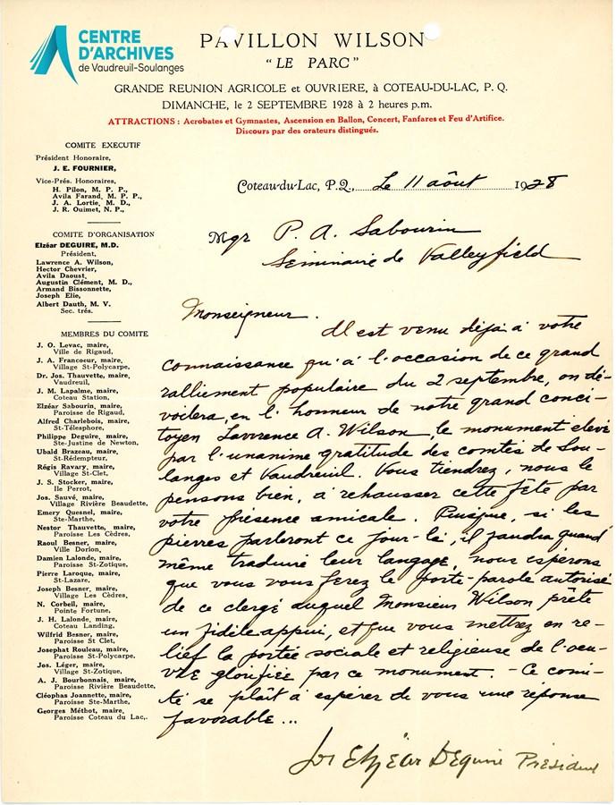 Lettre du docteur Joseph Elzéar Deguire à Mgr A. P. Sabourin, supérieur du Séminaire de Valleyfield, 11 août 1928.