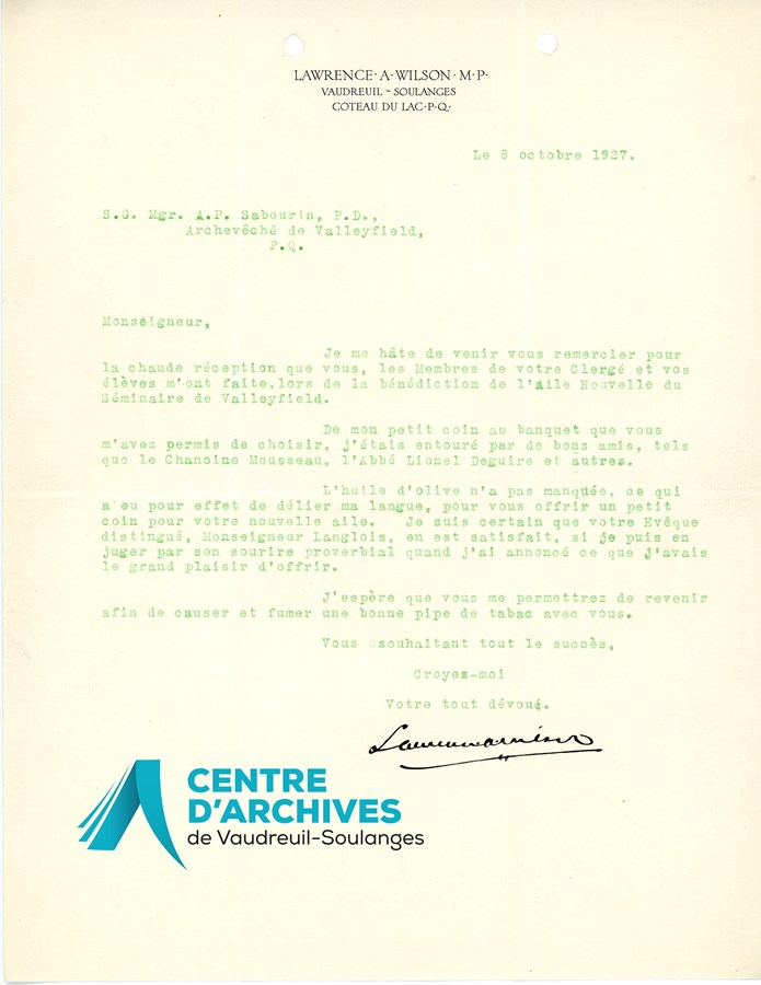 Lettre de Lawrence Wilson à Mgr A. P. Sabourin, supérieur du Séminaire de Valleyfield, 8 octobre 1927.