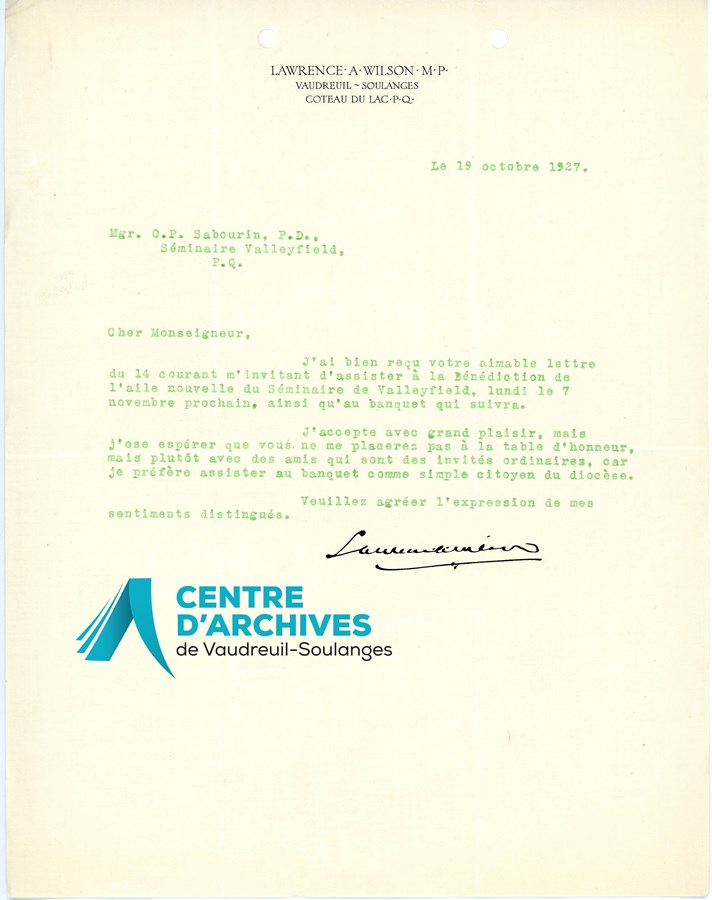 Lettre de Lawrence Wilson à Mgr A. P. Sabourin, supérieur du Séminaire de Valleyfield, 19 octobre 1927.