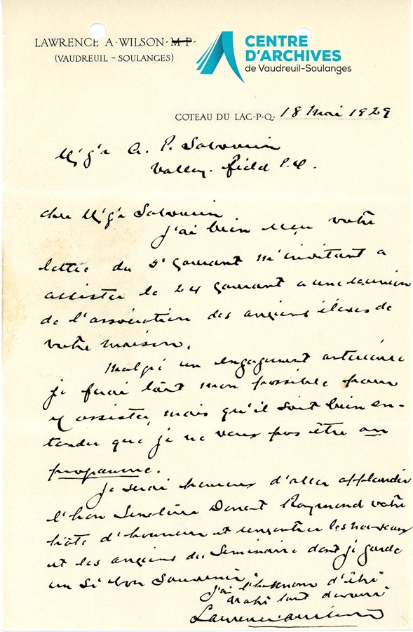 Lettre de Lawrence Wilson à Mgr A. P. Sabourin, supérieur du Séminaire de Valleyfield, 18 mai 1929.