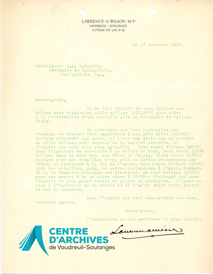 Lettre de Lawrence Wilson à Mgr A. P. Sabourin, supérieur du Séminaire de Valleyfield, 17 novembre 1927.