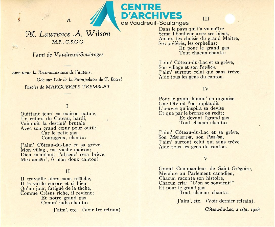 Chanson pour M. Lawrence A. Wilson, 11 septembre 1928.