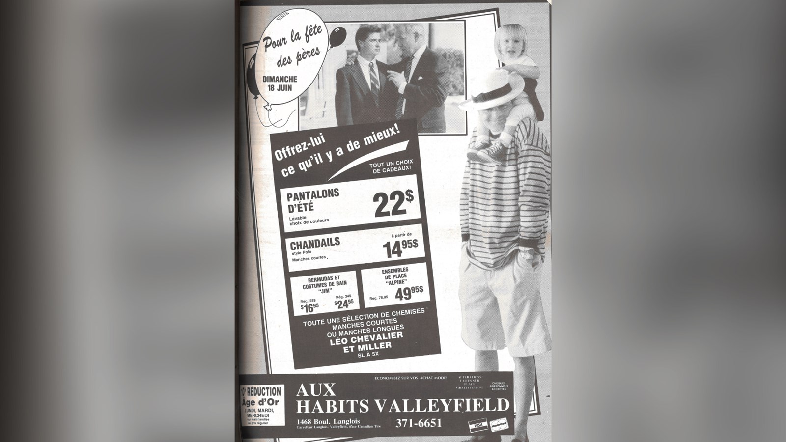Annonce publicitaire, magasin Aux habits Valleyfield à Valleyfield dans le journal St-
François, 13 juin 1989, p.A23.