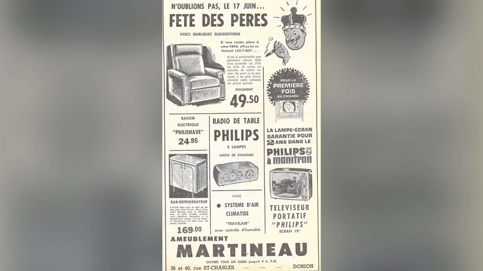 Annonce publicitaire, magasin Ameublement Martineau à Dorion dans le journal L’Écho,
13 juin 1962, p.11.