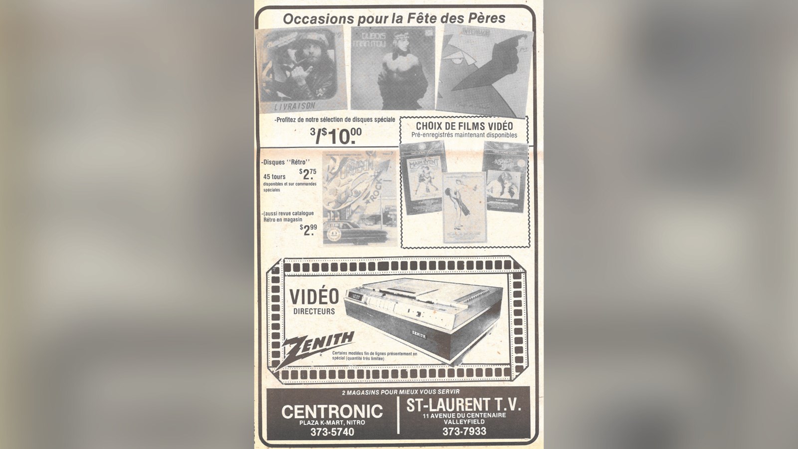 Annonce publicitaire, magasin Centronic à Nitro et magasin St-Laurent T.V. à Valleyfield
dans le journal St-François, 16 juin 1981, p.B12.