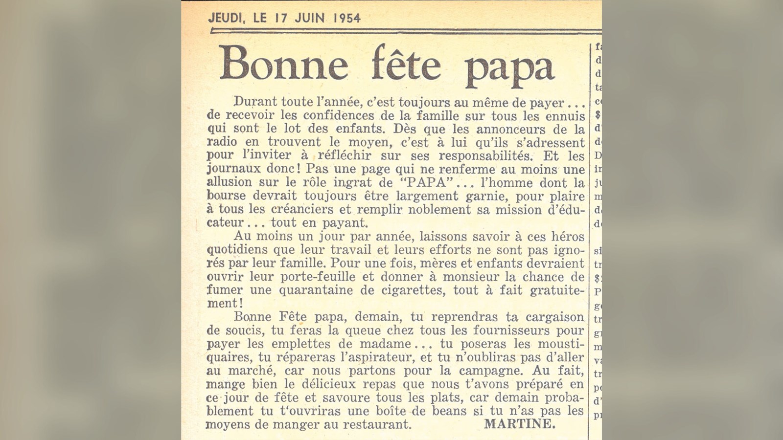 « Bonne fête papa » texte écrit par Martine dans le journal La Presqu’île, 17 juin 1954,
p.17.