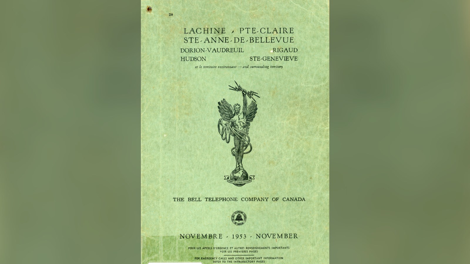 Annuaire téléphonique : Lachine, Pointe-Claire, Ste-Anne-de-Bellevue, Dorion-Vaudreuil, Rigaud, Hudson, Ste-Geneviève, novembre 1953, THE BELL TELEPHONE COMPANY OF CANADA, page couverture.