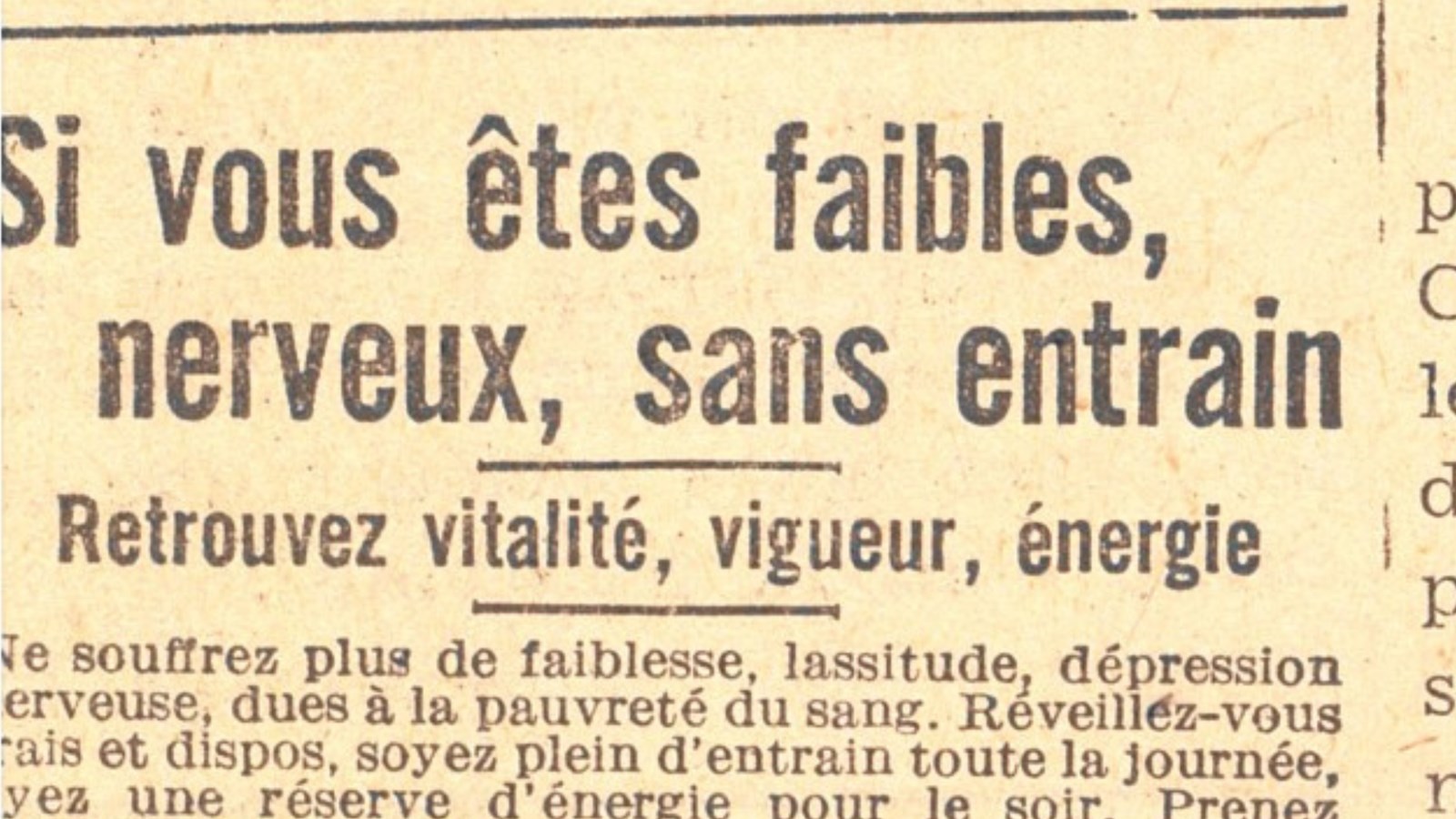 « Si vous êtes faibles, nerveux, sans entrain » annonce publicitaire dans le journal Salaberry, 13 janvier 1950, p.9
