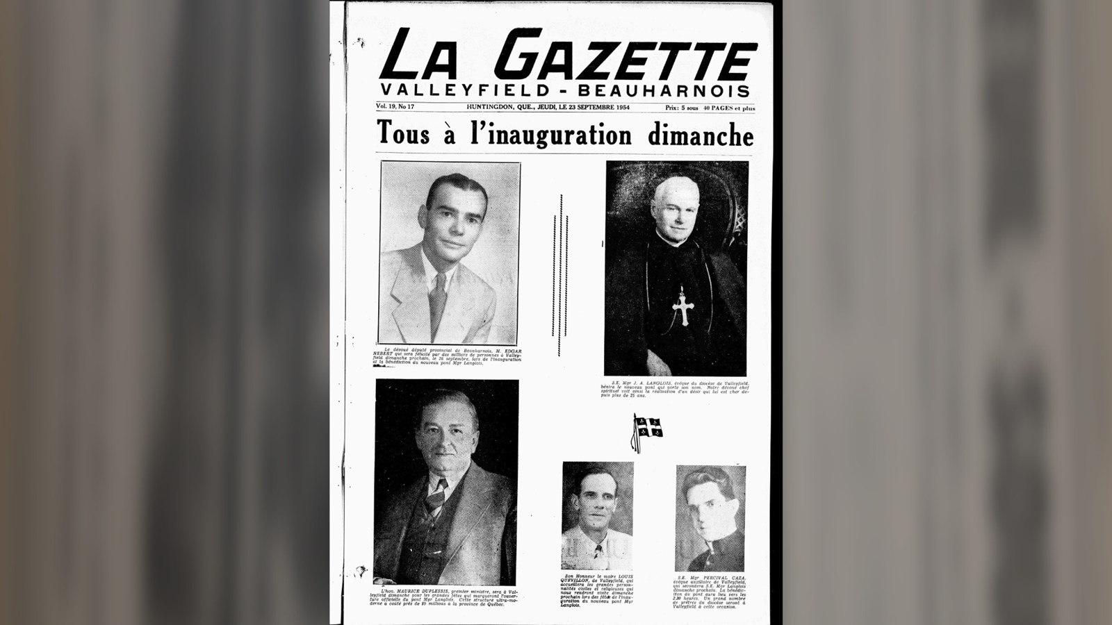 « Tous à l’inauguration dimanche » dans le journal La Gazette, 23 septembre 1954, Auteur inconnu, page 1.