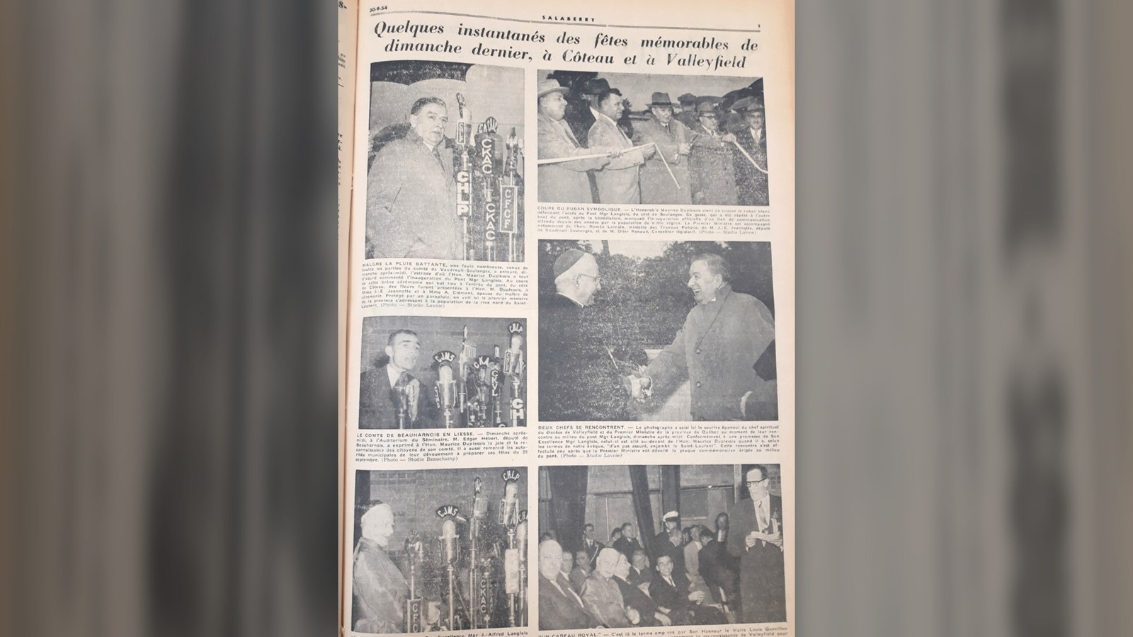 « Quelques instantanées des fêtes mémorables de dimanche dernier à Coteau et à Valleyfield » dans le journal Le Salaberry, 30 septembre 1954, Auteur inconnu, page 3.