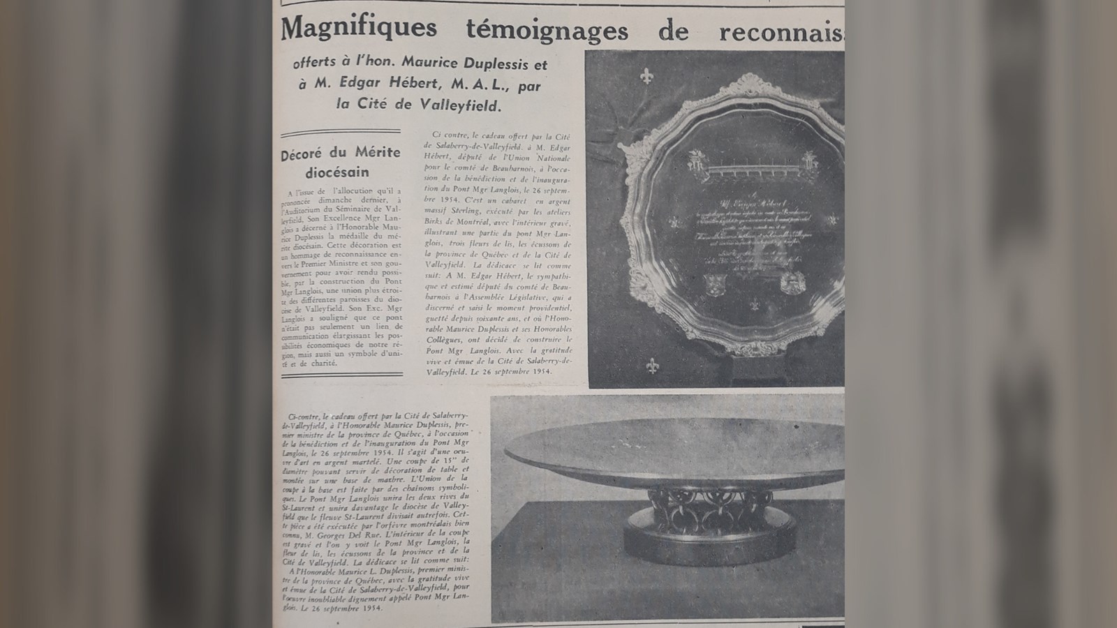 « Magnifiques témoignages de reconnaissance » dans le journal Le Salaberry, 30 septembre 1954, Auteur inconnu, page 9.