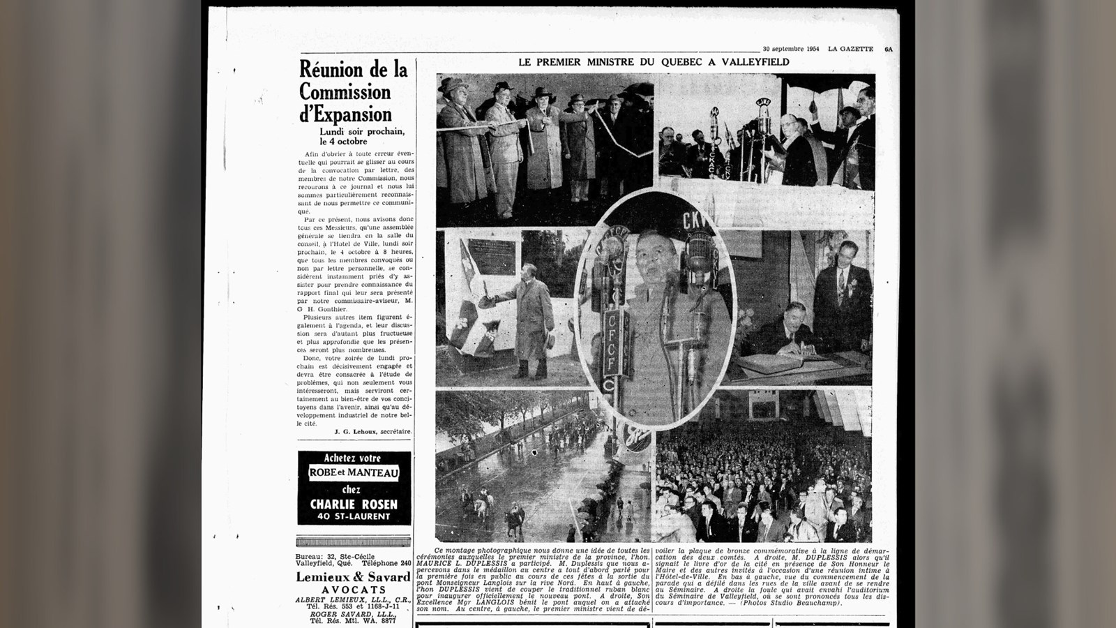 « Le premier ministre du Québec à Valleyfield » dans le journal La Gazette, 30 septembre 1954, Auteur inconnu, page 6B.