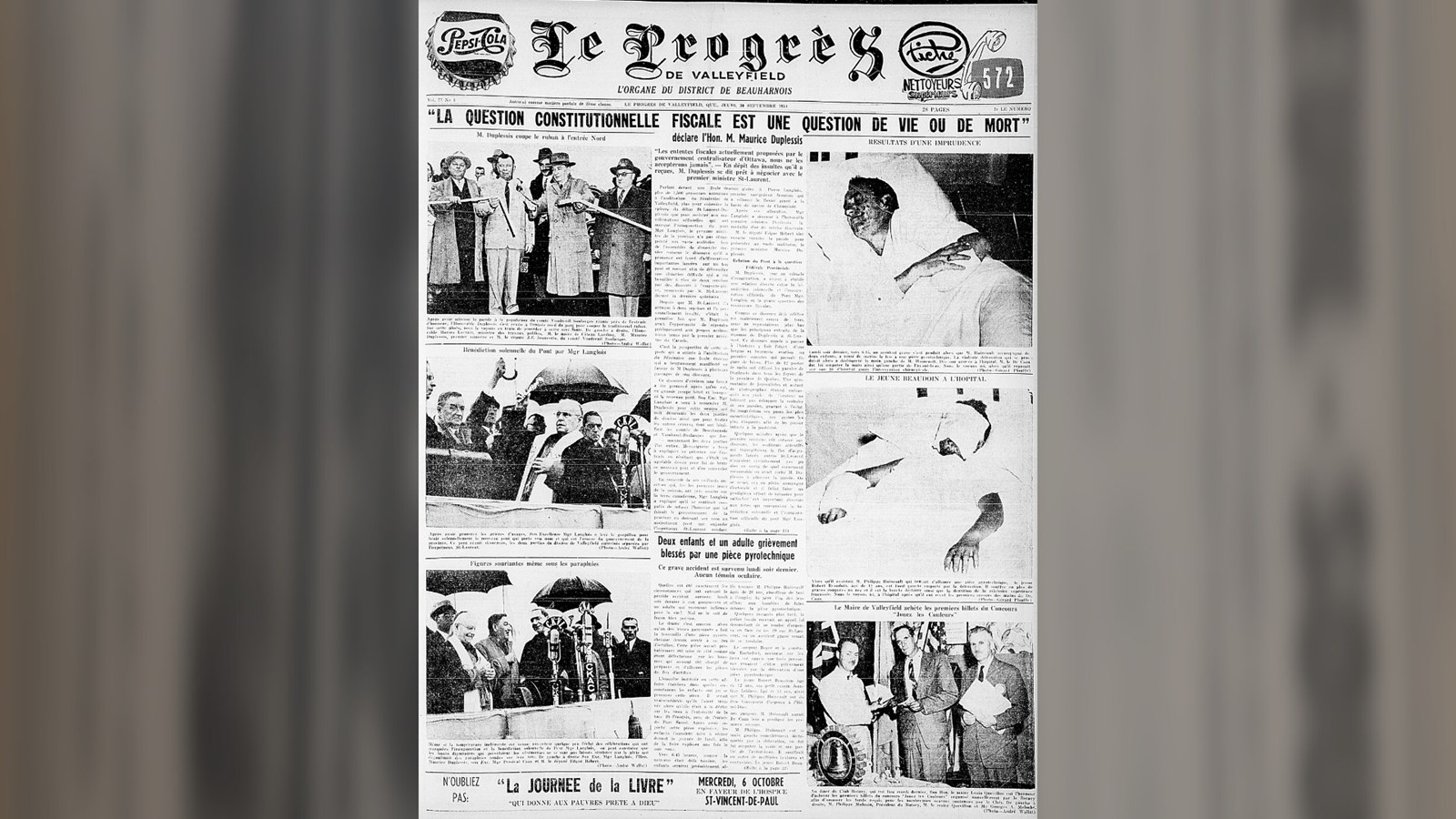 « La question constitutionnelle fiscale est une question de vie ou de mort » dans le
journal Le Progrès de Valleyfield, 30 septembre 1954, Auteur inconnu, page 1.
journal Le Progrès de Valleyfield, 30 septembre 1954, Auteur inconnu, page 1.