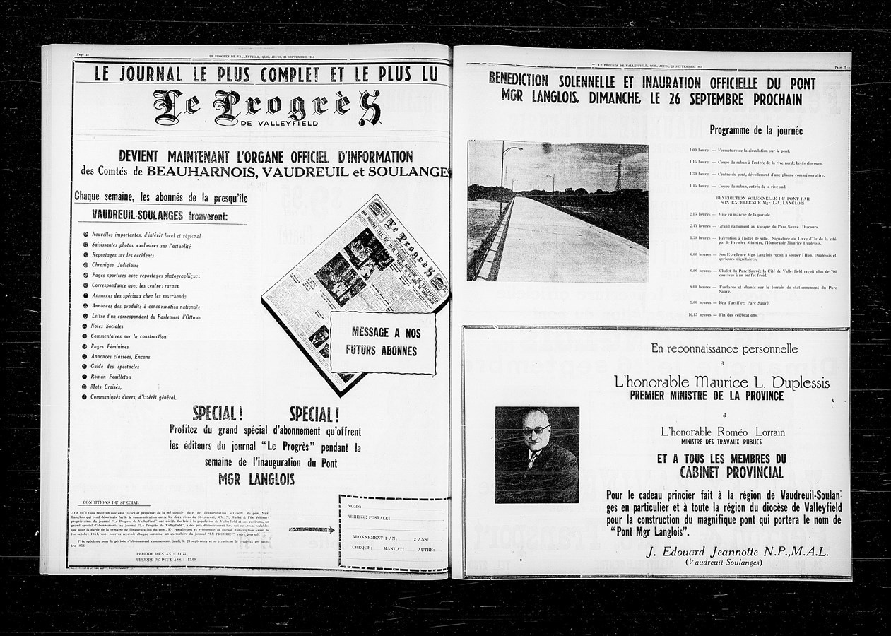 Annonces et programme dans le journal Le Progrès de Valleyfield, 23 septembre 1954, Auteur inconnu, page 22 et 23.
