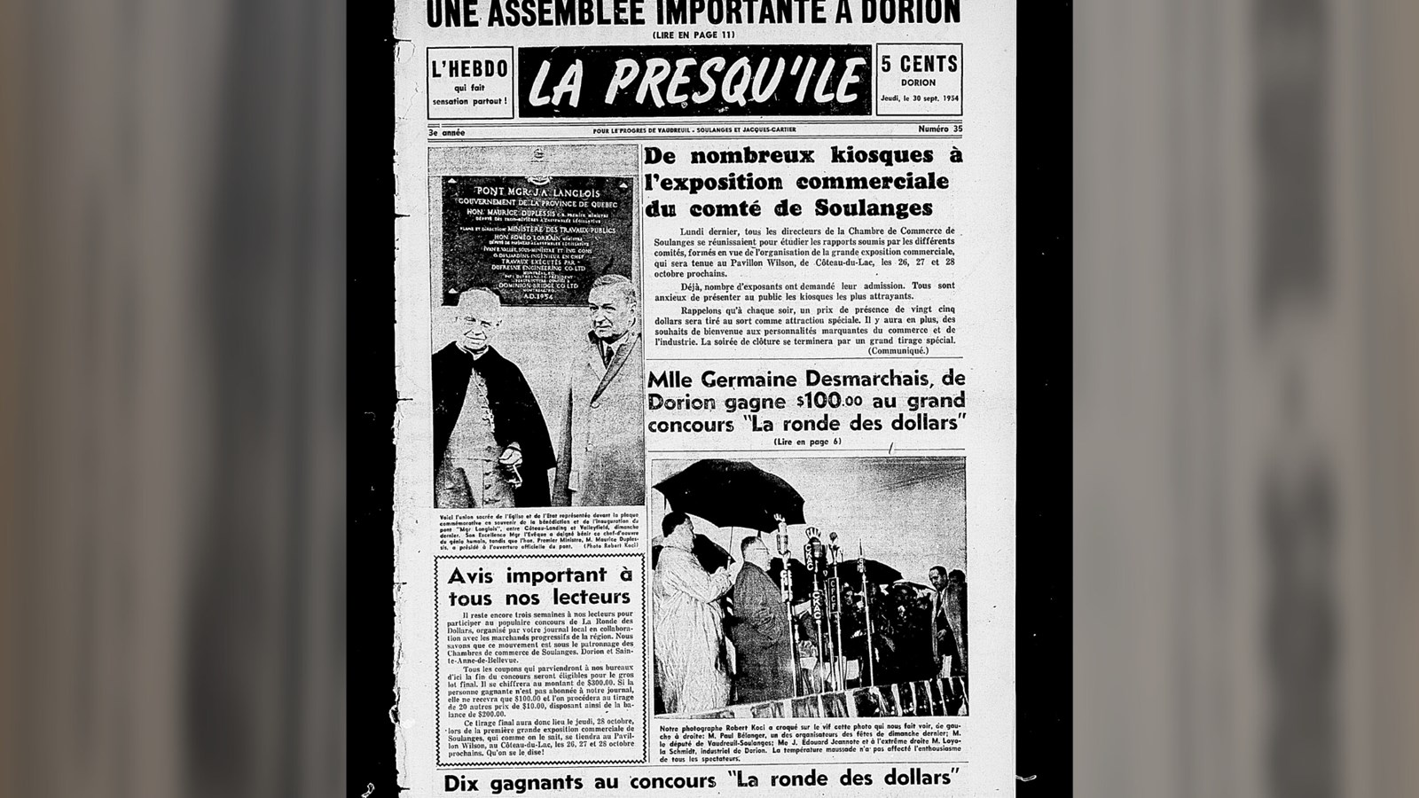 Page couverture dans le journal La Presqu’île, 30 septembre 1954, Auteur inconnu, page 1.
