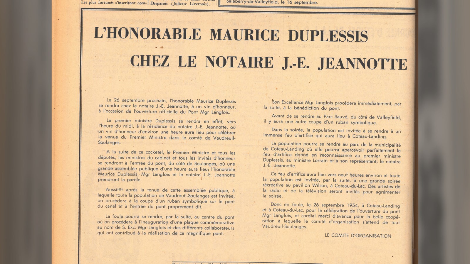 Communiqués dans le journal Le Salaberry, 16 septembre 1954, Auteur inconnu, page 8.