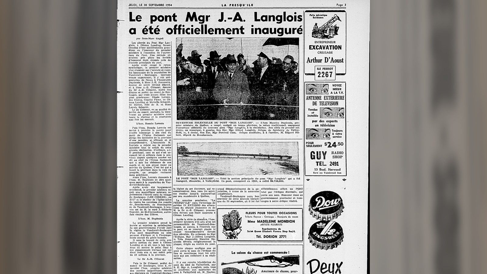 « Le pont Mgr J.-A. Langlois a été officiellement inauguré » dans le journal La Presqu’île, 30 septembre 1954, Auteur inconnu, page 3.
