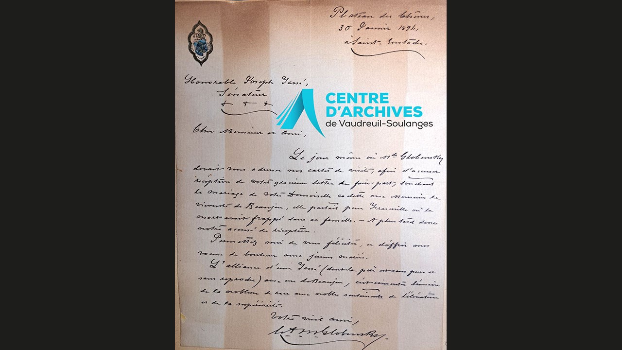 Lettre de M. Globenski à Joseph Tassé, 30 janvier 1894.