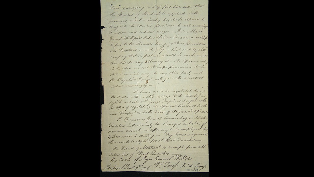 Lettre du Major General Phillips, Montréal, le 2 décembre 1776.